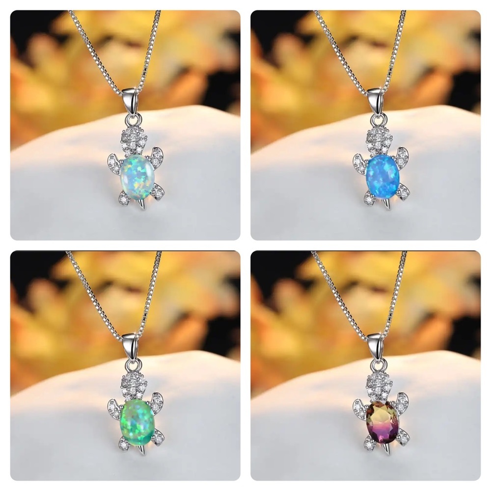 “Just Keep Swimming” Green Opal Turtle Dainty Cute Sterling Silver Gift Necklace - Picture 7 of 12